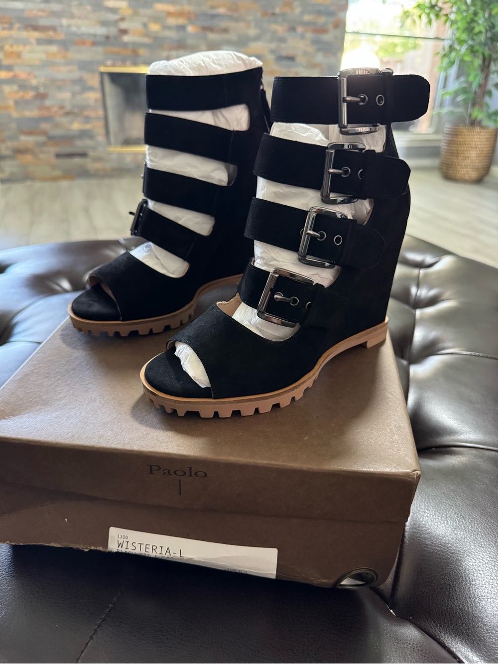 Paolo Black Suede Multi-Buckle Cutout Wedge Booties with Tan Lug Sole